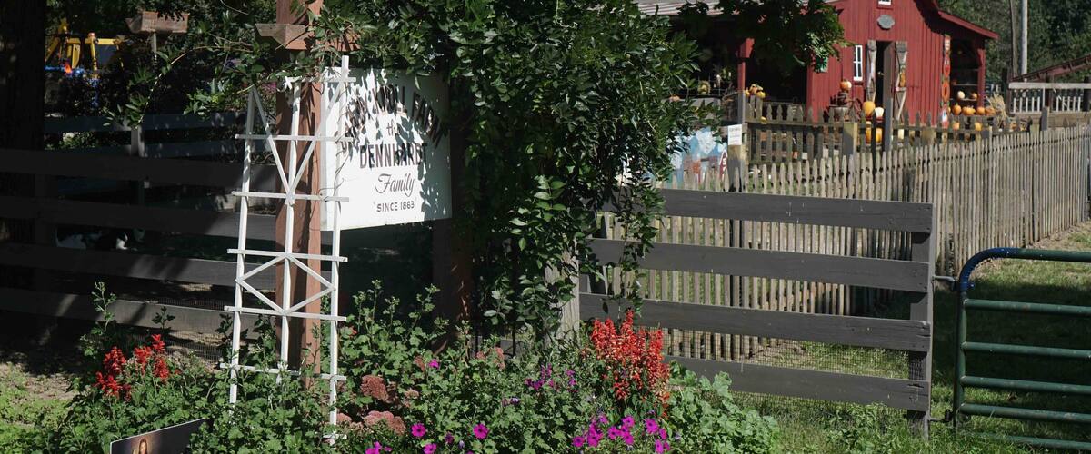 A garden with a wooden fence, a sign reading "The Dennibart Family Since 1863", and a red barn in the background.