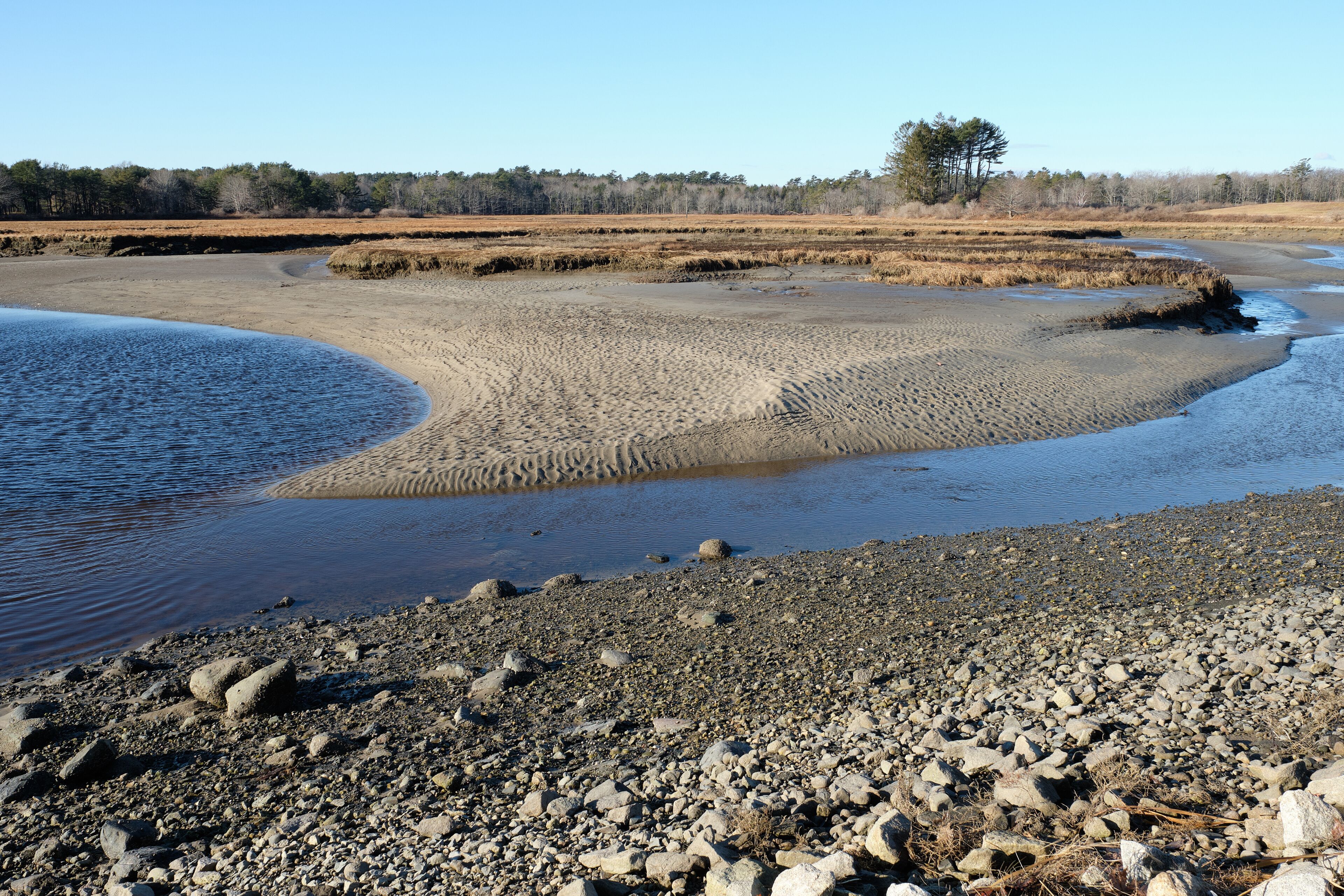 Low tide on a Parson's beach marsh in the New England State of Maine in the winter