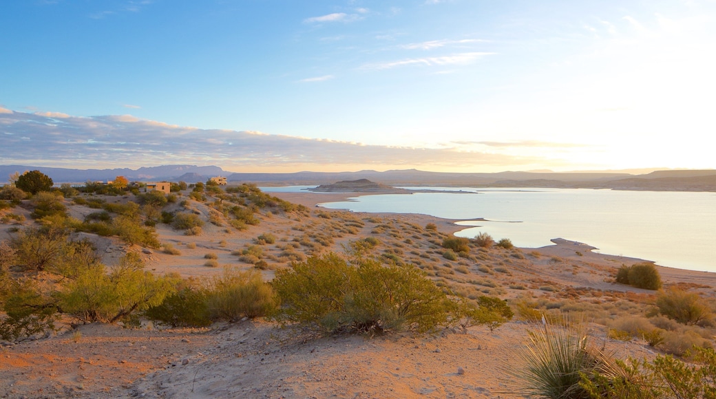 Elephant Butte which includes a beach, landscape views and a lake or waterhole