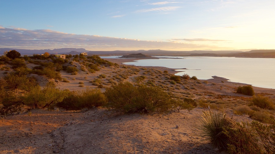 Elephant Butte showing a sandy beach, landscape views and a lake or waterhole
