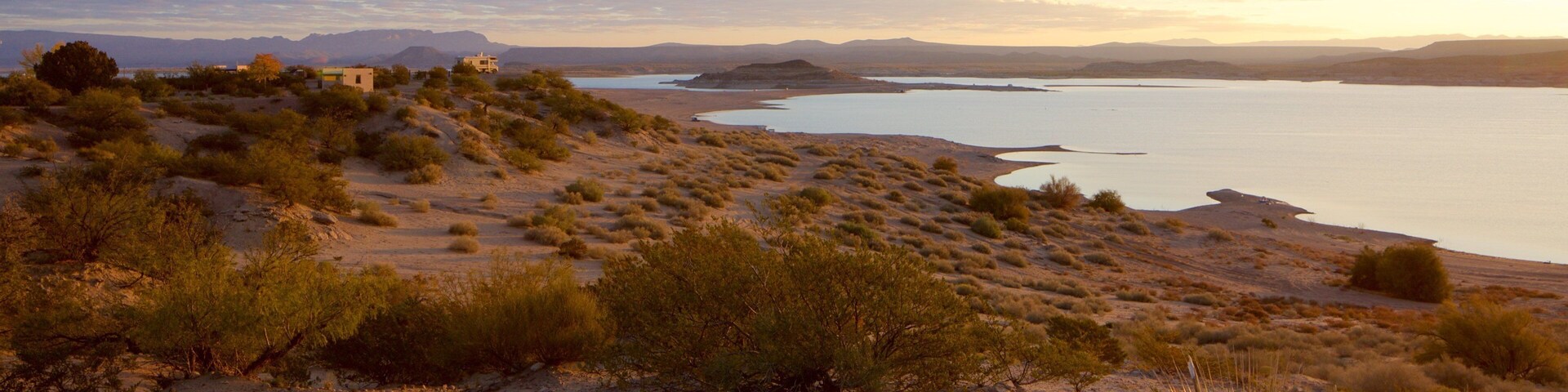A desert landscape with sparse vegetation, a large body of water, and distant mountains.