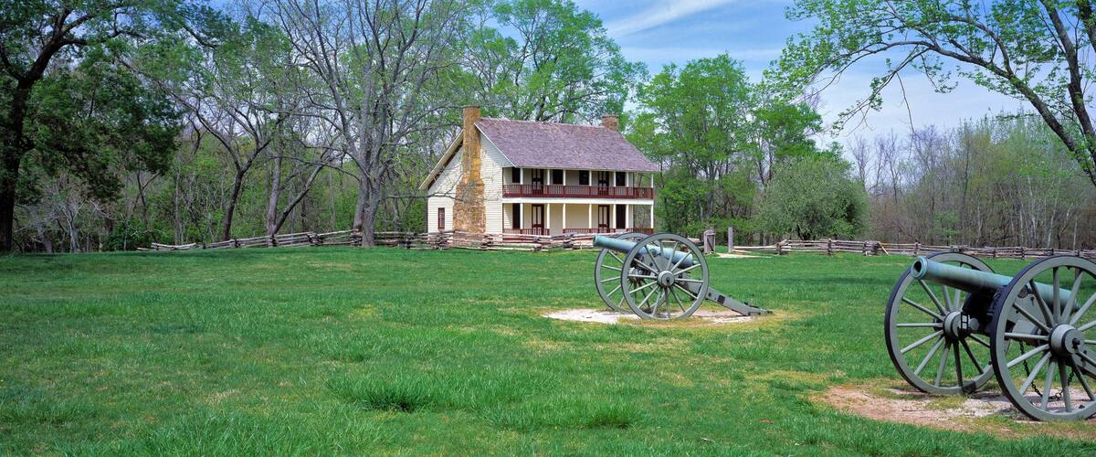 USA, Arkansas, Pea Ridge NMP. Elkhorn Tavern at the Pea Ridge NMP in Arkansas, has been reconstructed to resemble the original building.