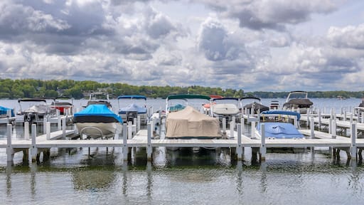 Covered boats and pontoon boats at a pier on a lake with dramatic clouds.