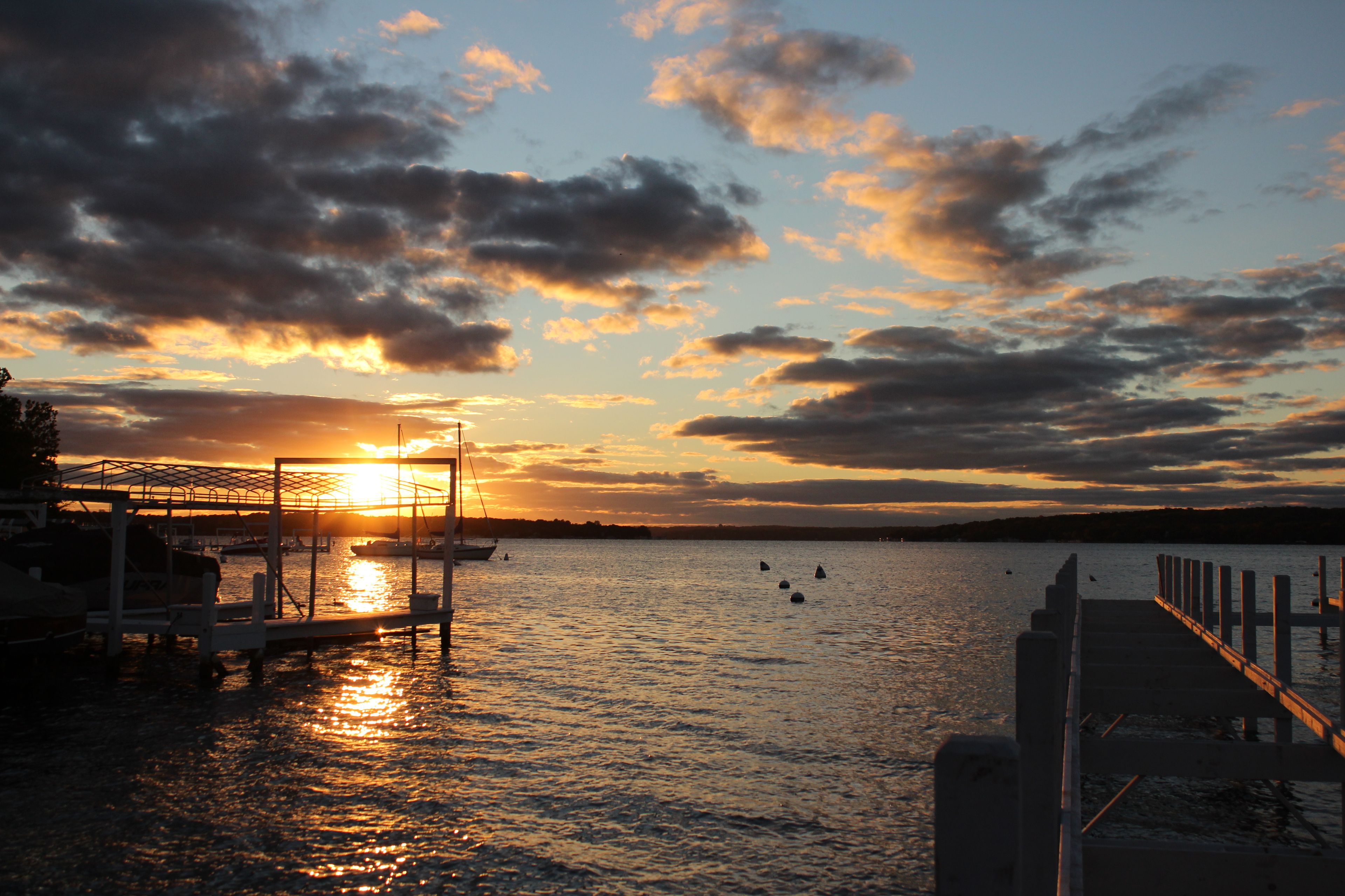 sunset over the calm lake 