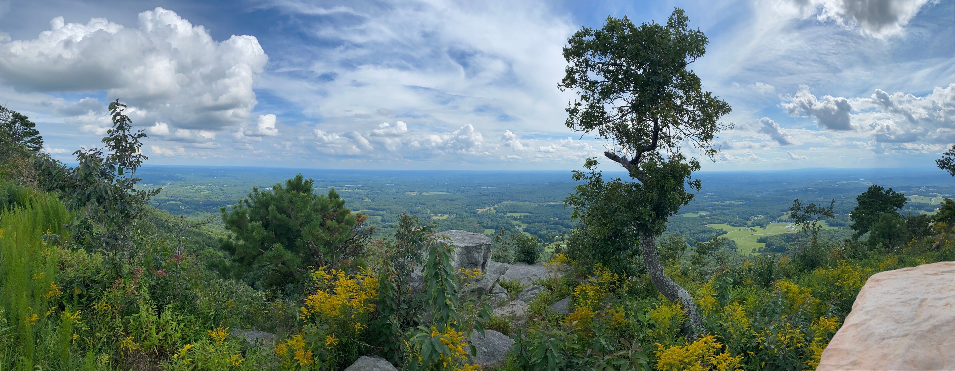 A mountainous landscape with dense greenery, rocky outcrops, and a distant view of a valley under a partly cloudy sky.