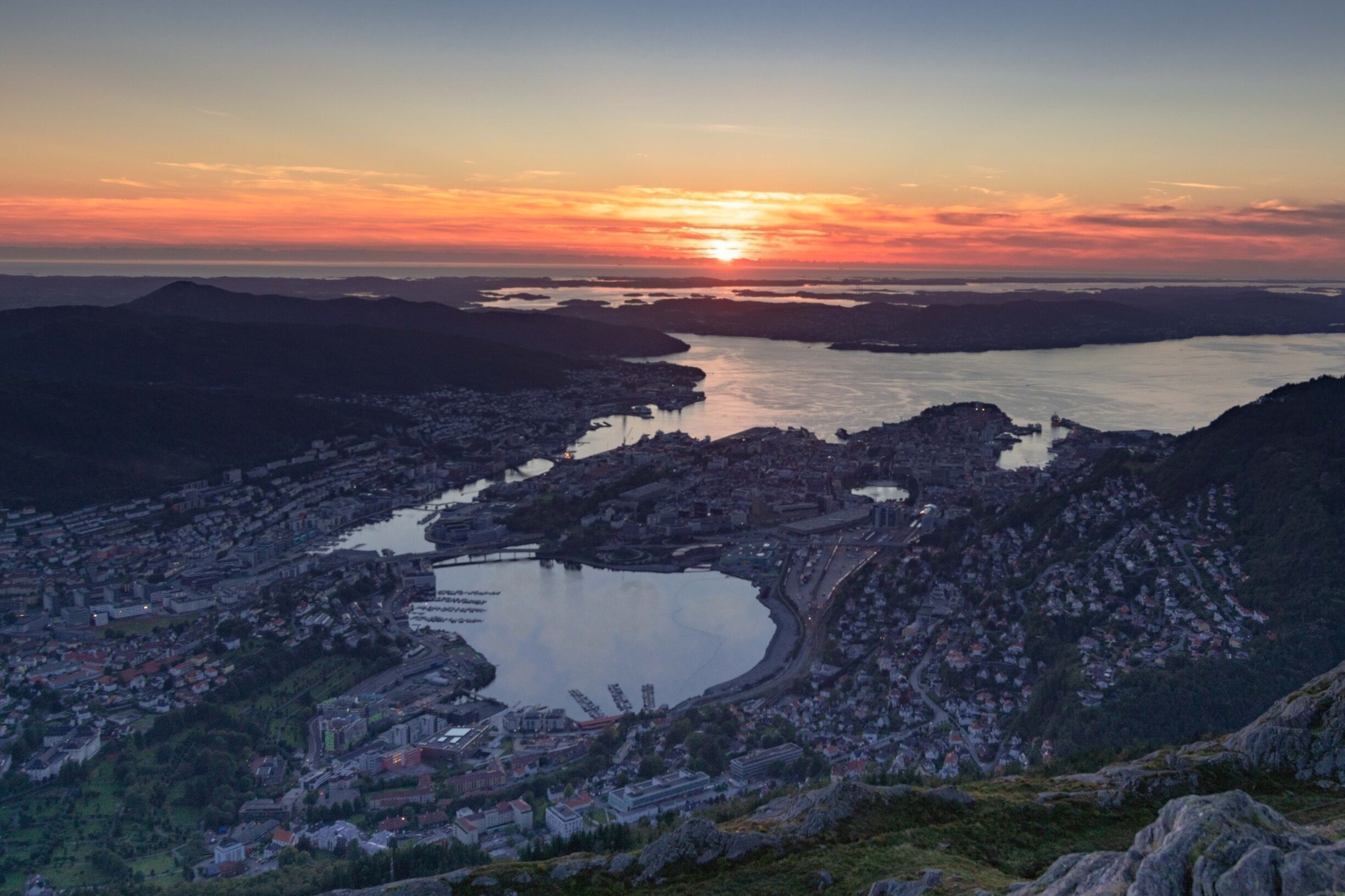 View of Bergen from Mount Ulriken at sunset.