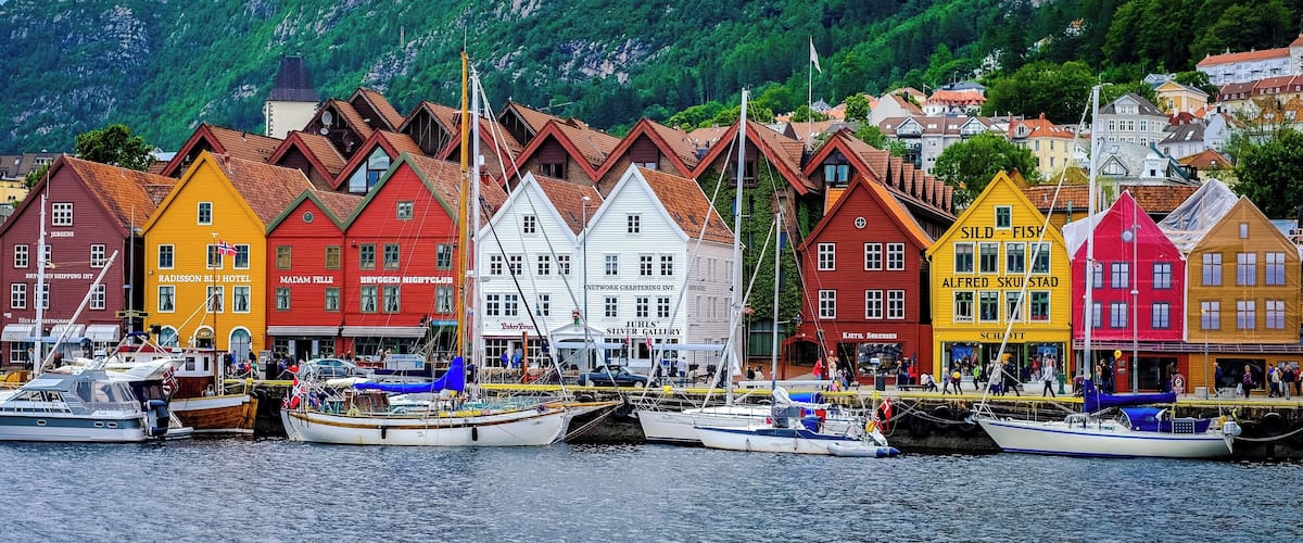 Historic waterfront houses. Best view from the other side of the harbour or from one of the cruise ships while leaving the harbour.
