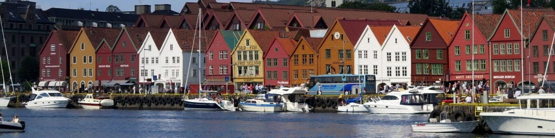 A harbor with colorful buildings and boats.