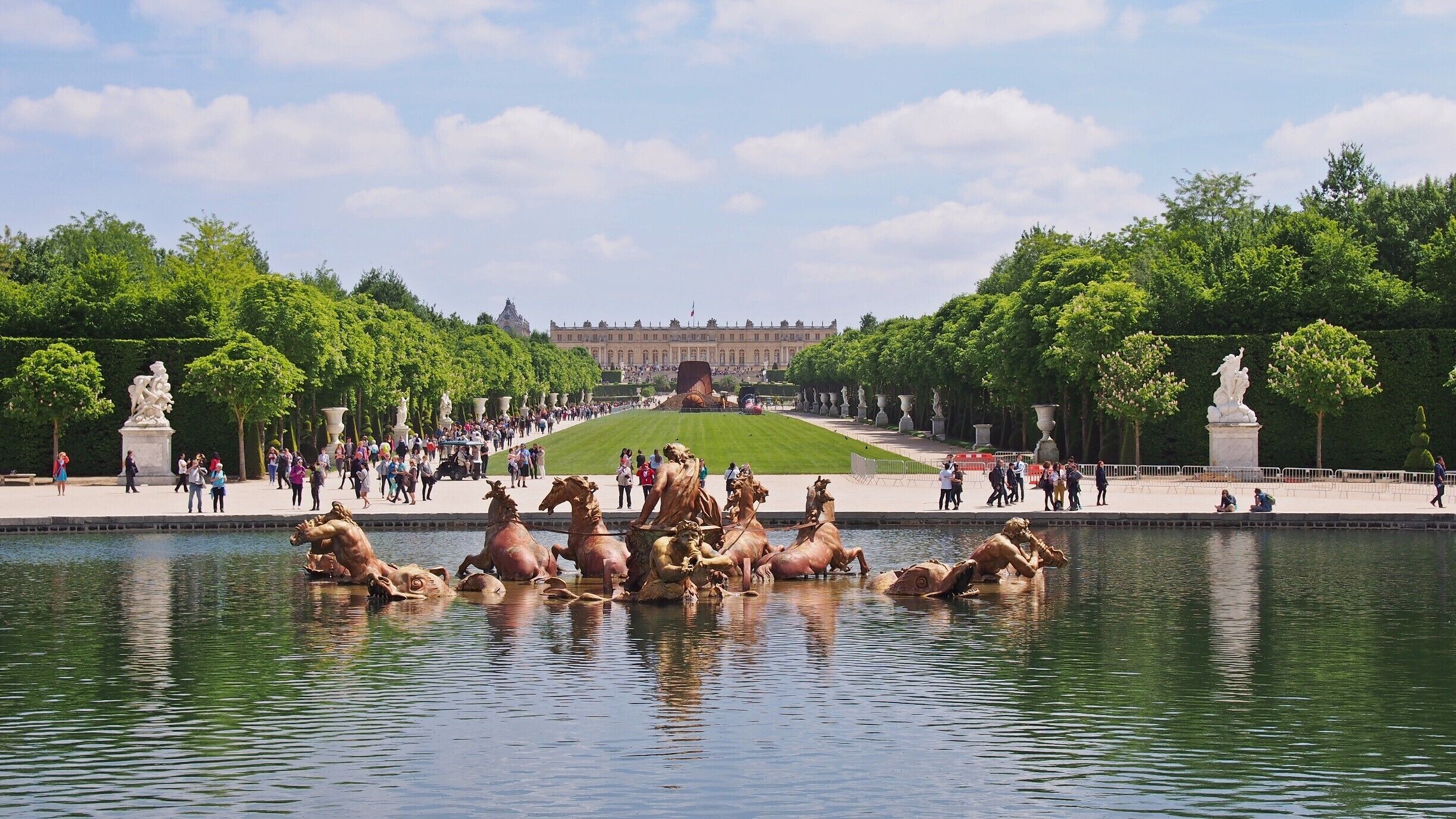The gardens of Versailles are said to be one of the most majestic, but I was a bit disappointed. The fountains were not on but at a certain times, and there was a construction site in the middle of the lawn area (as can be seen in this picture)

I'm sure the experience could have been better, if it hadn't been as poor timing as ours.