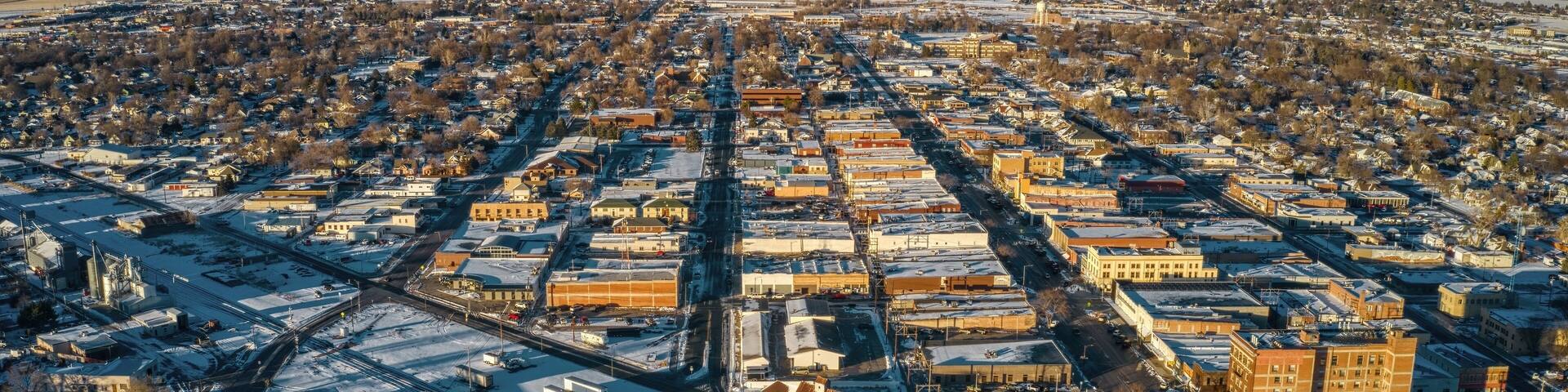 Aerial View of Downtown Scottsbluff, Nebraska in Winter