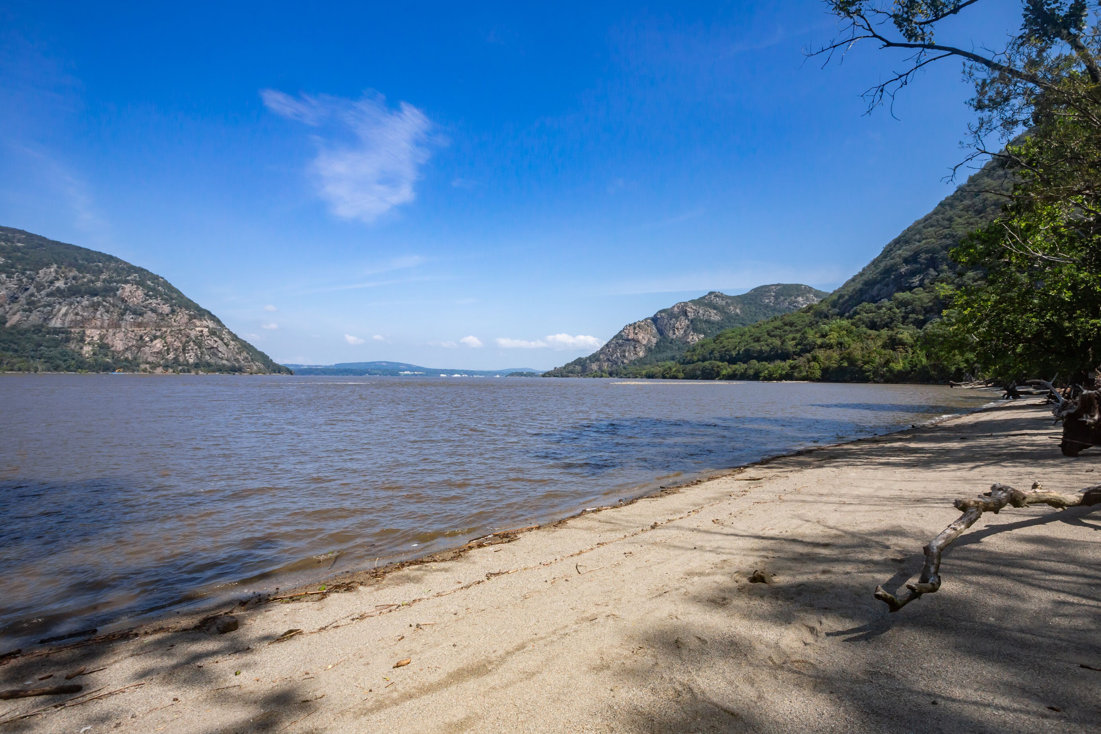 Riverfront view of Breakneck Ridge and Storm King Mountain  from Little Stony Point, two highly popular hiking destinations.