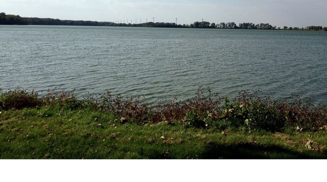 Windmills hovering in the distance over Crystal Lake.