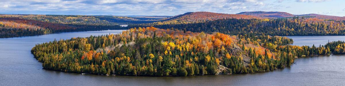 Fall foliage vista of the Superior National Forest. View on Caribou Lake, North Shore of Lake Superior, Minnesota.