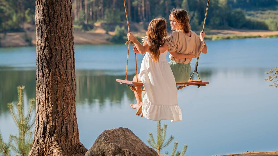 A lake with a tree and a swing.