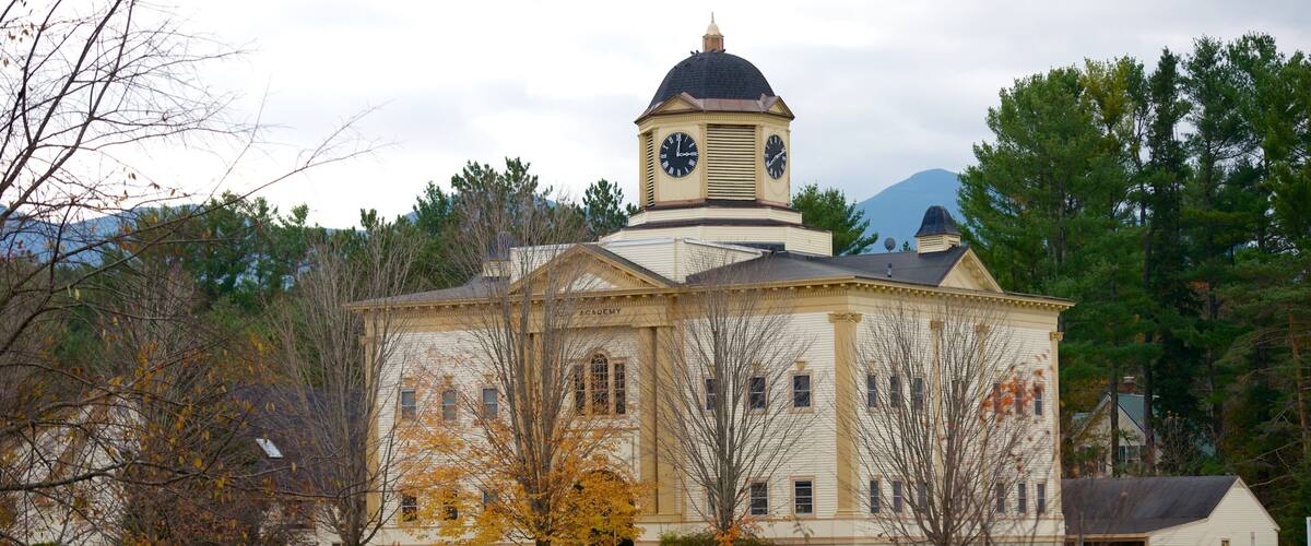 A large, historic building with a clock tower, surrounded by trees and a mountain in the background.