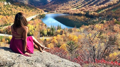 Uma mulher num vestido rosa sentada sobre uma rocha, com vista para um lago rodeado por árvores e montanhas em tons de outono.