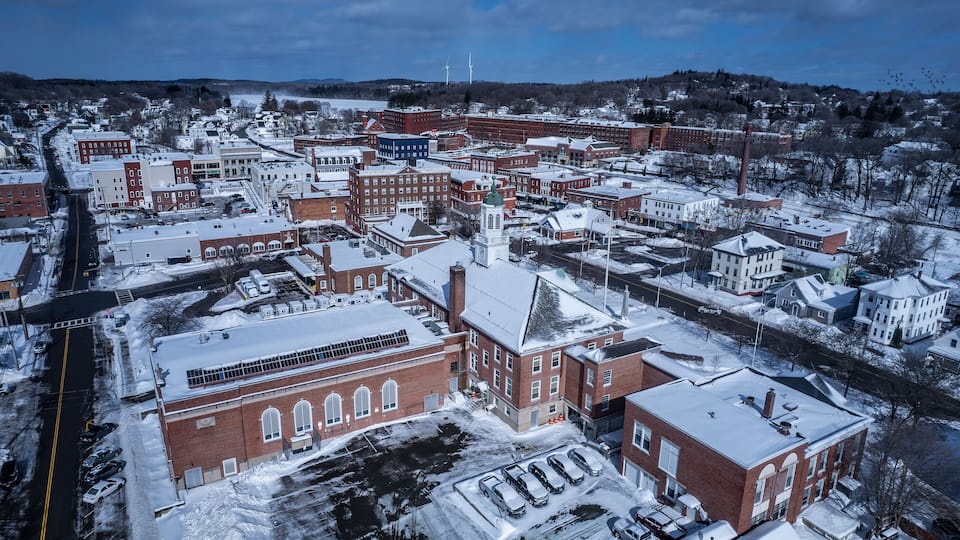 Aerial view of Gardner, Massachusetts in winter