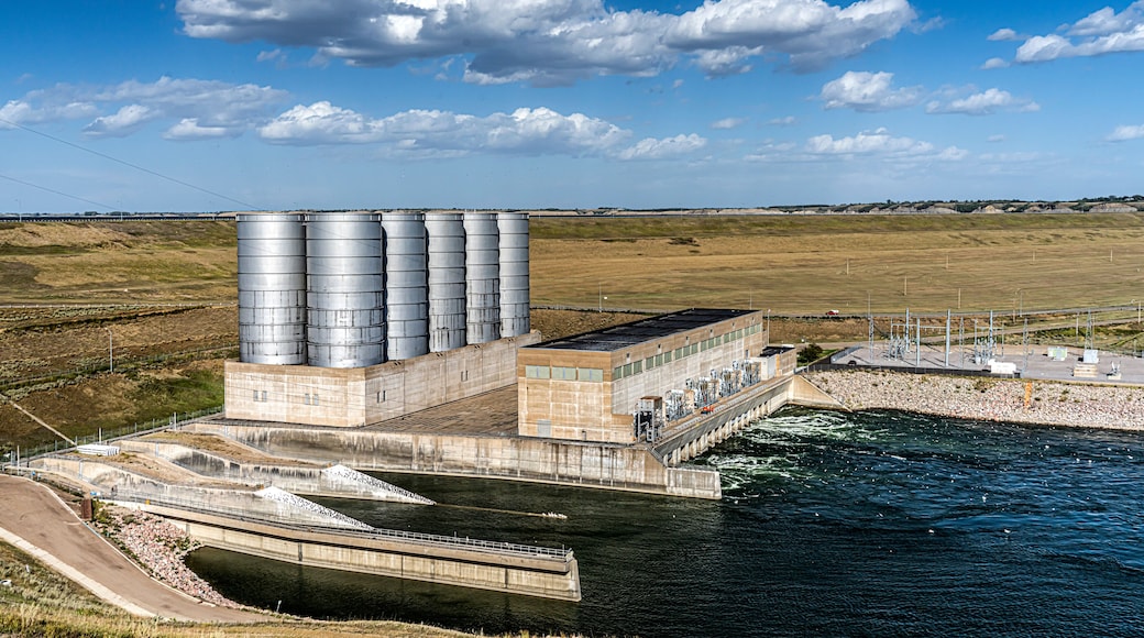 Garrison Dam Powerhouse and other assorted building, tanks around and attached to Dam in North Dakota.