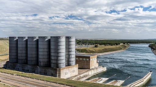 Garrison Dam Powerhouse and other assorted building, tanks around and attached to Dam in North Dakota.
