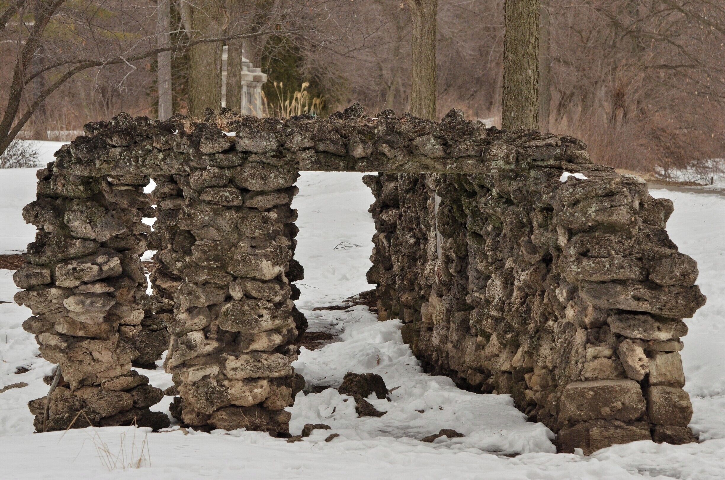 This is a stone structure found in the Fabyan Forest Preserve.  I cannot find any specific information on what it was used for, but in the early 1900s, an eclectic millionaire had transformed this place into a little wonderland including a Japanese garden, Dutch windmill, and a caged house that contained three bears.  This place was a very interesting find. 