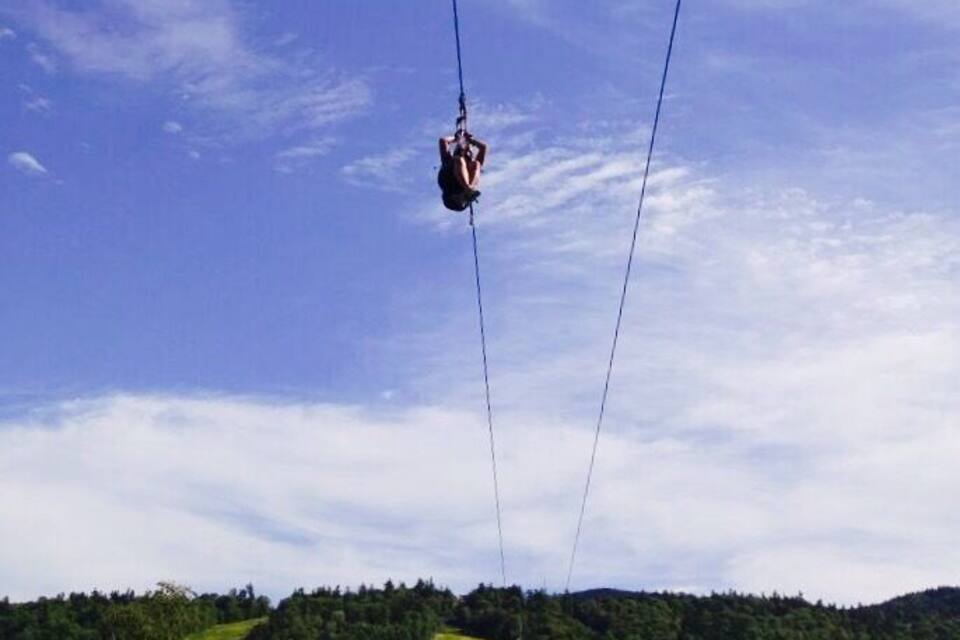 A person suspended on a zip line over a forested landscape with a clear sky.