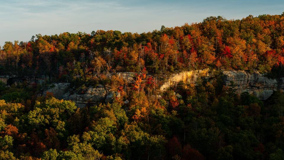 A forested mountain with autumn foliage and rocky cliffs.