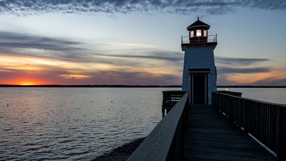 Lighthouse Landing Lighthouse at sunset on the boardwalk in Grand Rivers, KY