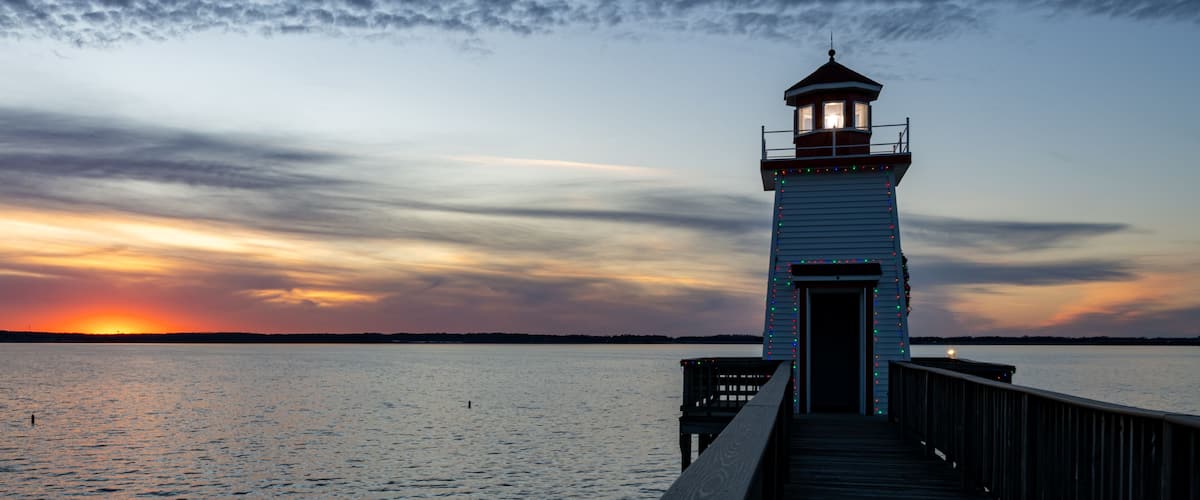 Lighthouse Landing Lighthouse at sunset on the boardwalk in Grand Rivers, KY