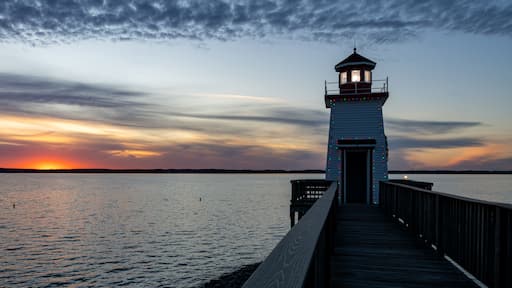 Lighthouse Landing Lighthouse at sunset on the boardwalk in Grand Rivers, KY