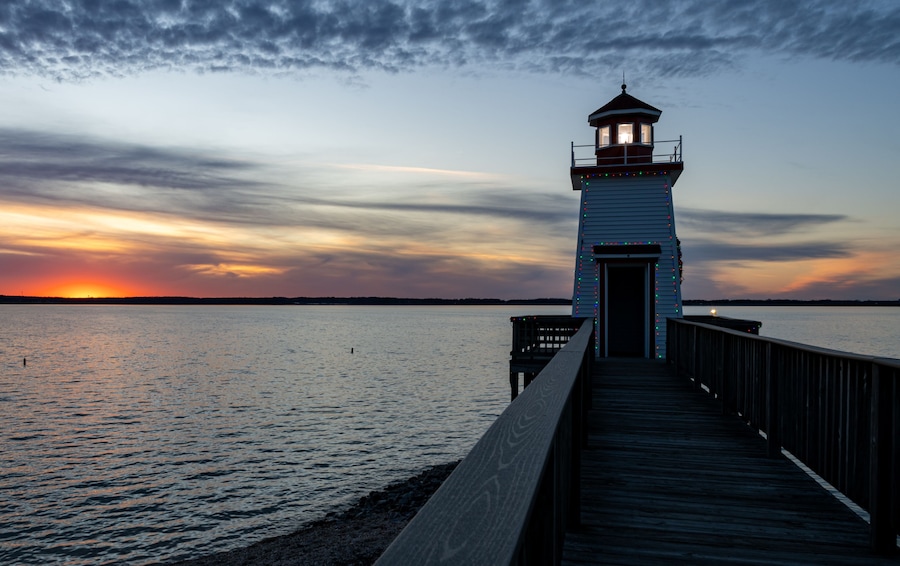Lighthouse Landing Lighthouse at sunset on the boardwalk in Grand Rivers, KY