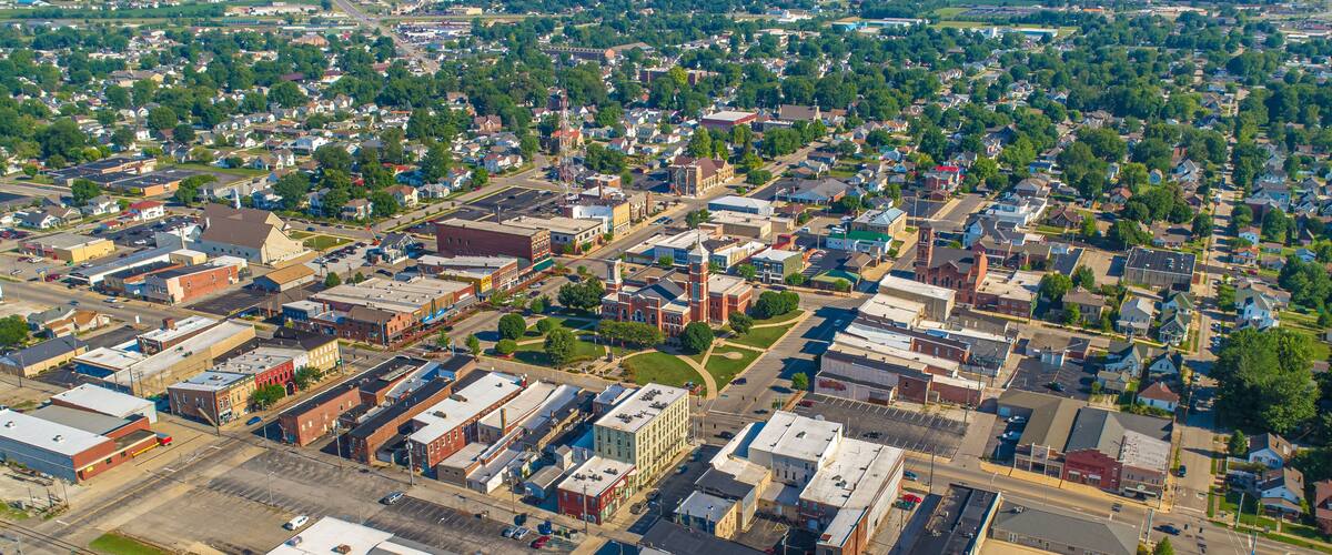 Aerial View of Greensburg Indiana Downtown Courthouse Tower Tree