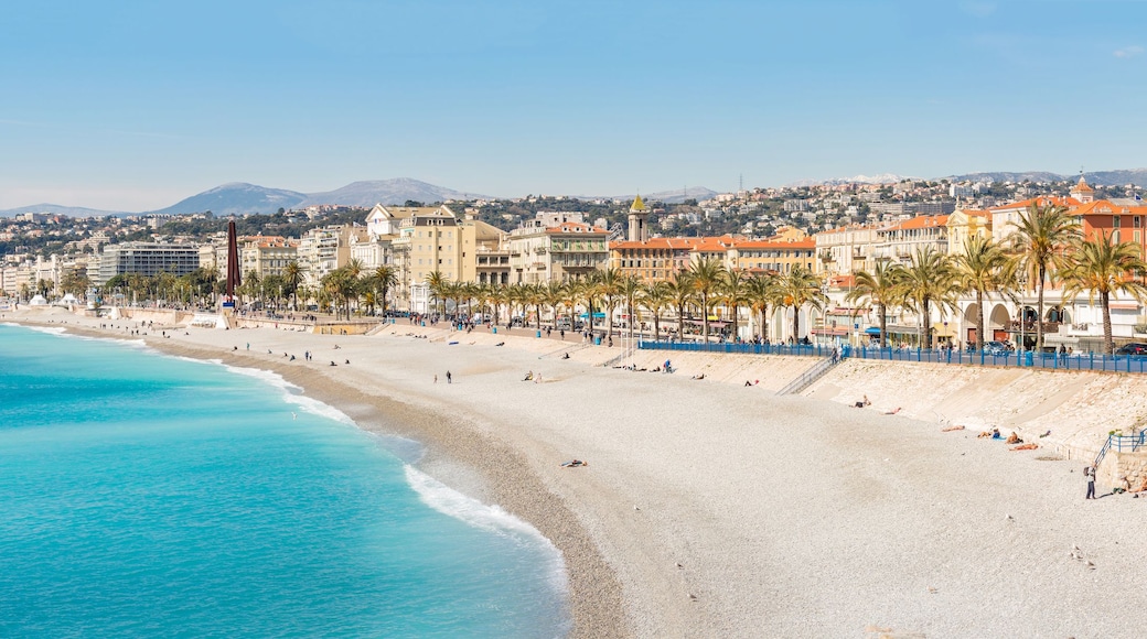 Un paysage urbain côtier avec une vaste plage de sable, des palmiers et des bâtiments historiques.
