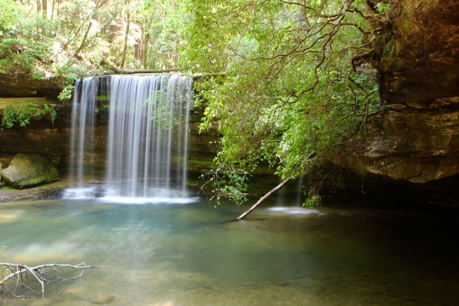 A waterfall in a forested area with clear water and surrounding greenery.