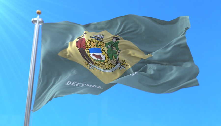 Flag of american state of Delaware, region of the United States, waving at wind