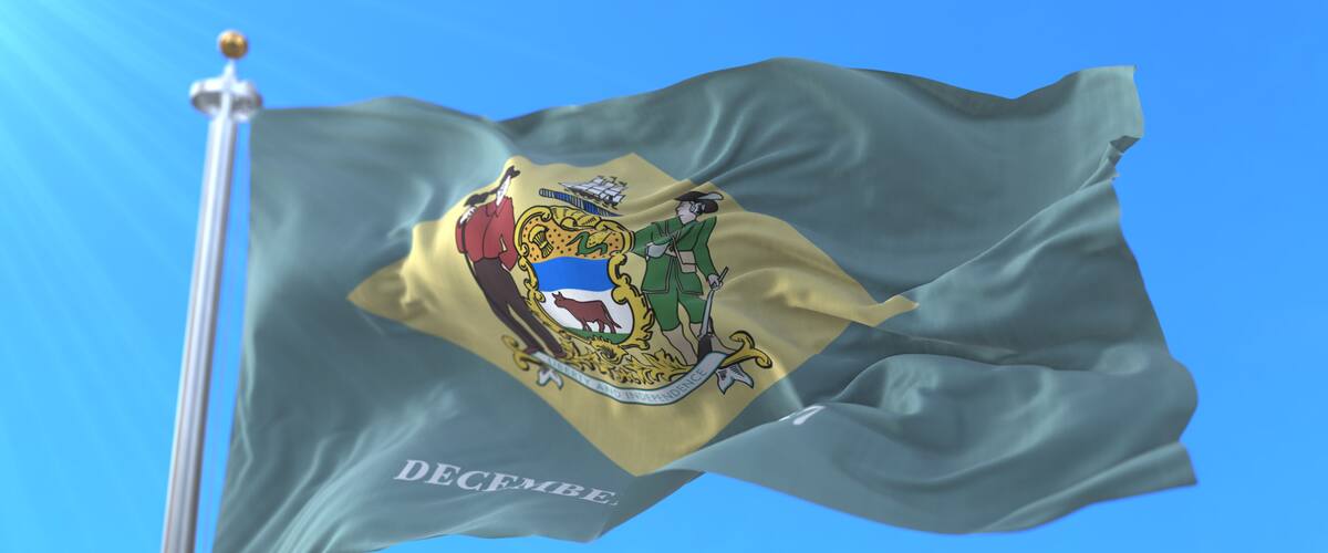 A flag with a coat of arms featuring a ship, a lion, and a person with a sword.