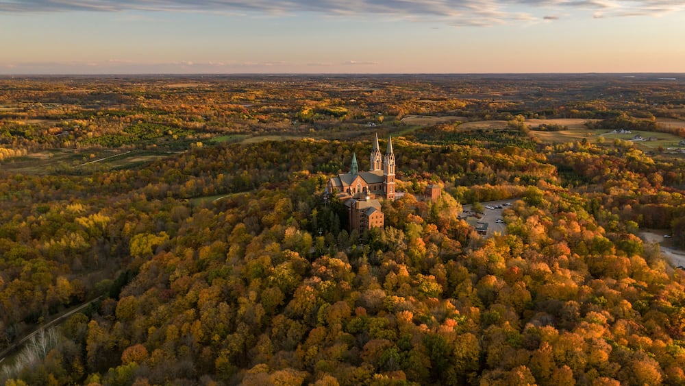 Aerial view of Holy Hill, a medieval style church on hilltop, Hartford, Wisconsin, United States.