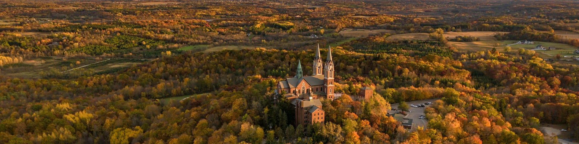 Aerial view of Holy Hill, a medieval style church on hilltop, Hartford, Wisconsin, United States.