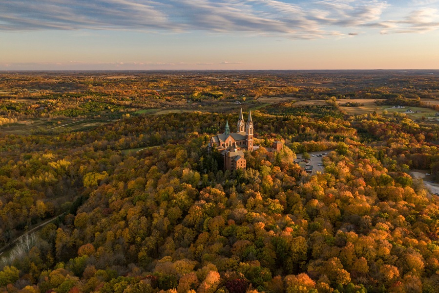 Aerial view of Holy Hill, a medieval style church on hilltop, Hartford, Wisconsin, United States.