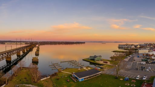 Aerial sunset panorama of Havre de Grace Maryland with orange sky and clouds reflecting on the Susquehanna River and the Chesapeake Bay one of the best small towns in America