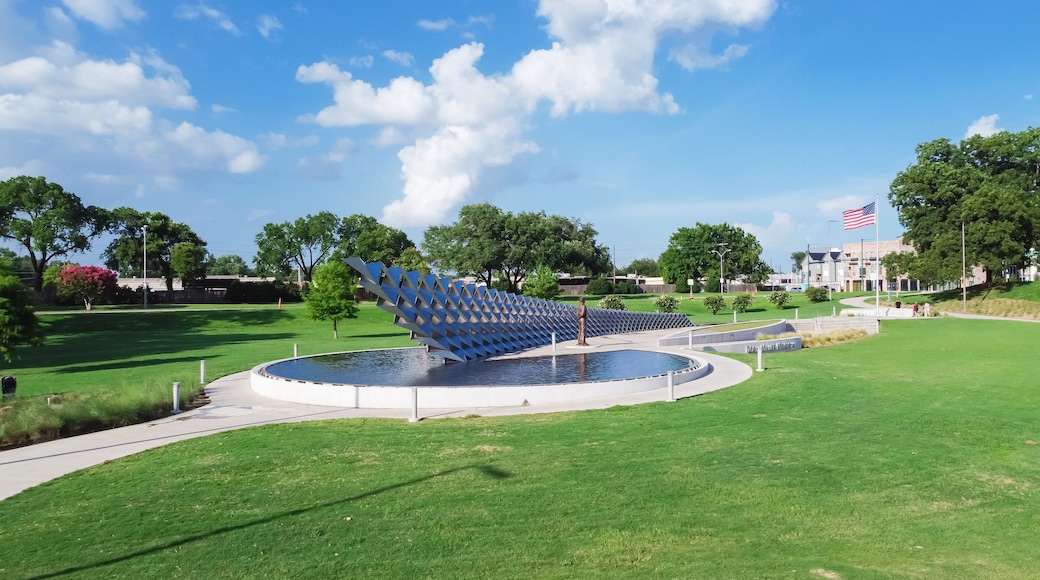 Aerial view the metal panel installation representing of USS West Virginia in WWII, Doris Miller sculpture and proudly display of American flag memorial in Waco, Texas