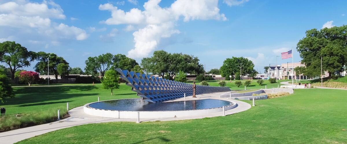 Aerial view the metal panel installation representing of USS West Virginia in WWII, Doris Miller sculpture and proudly display of American flag memorial in Waco, Texas