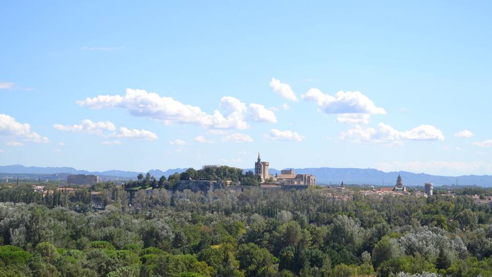 A mountainous landscape with a castle on a hill, surrounded by dense forests and a clear sky.