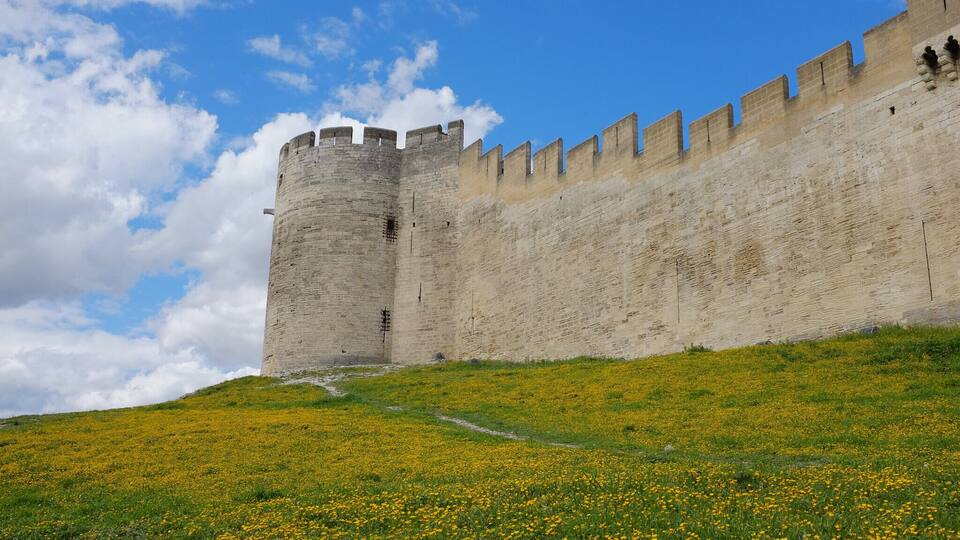 A historic stone wall with battlements, a clear sky, and a grassy hill with yellow flowers.