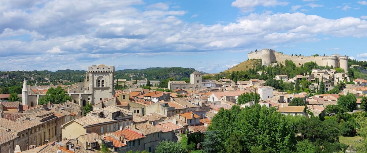 A historic town with a prominent castle on a hill, surrounded by terracotta-roofed buildings and lush greenery.