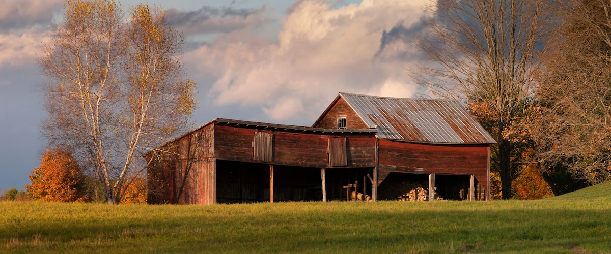 A rustic barn with a metal roof, surrounded by autumn-colored trees and a grassy field.