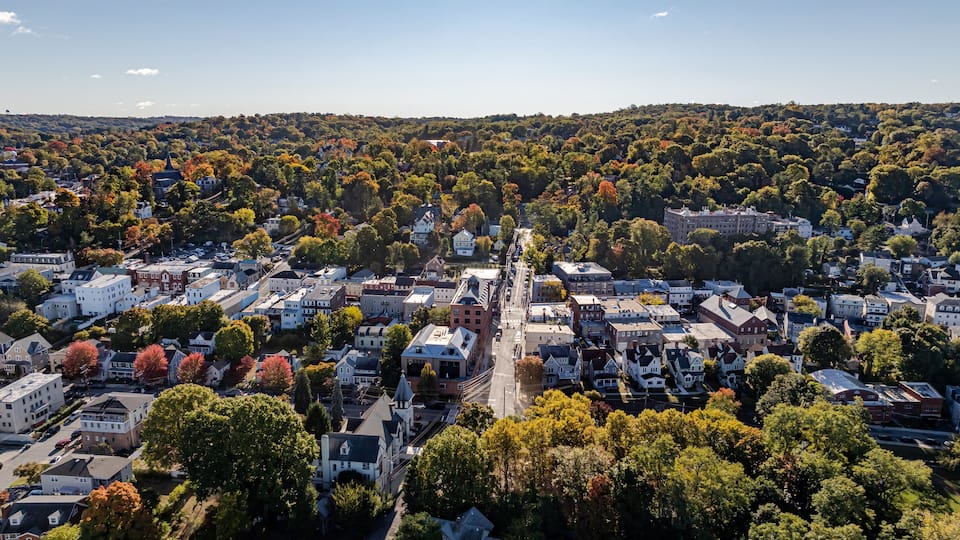 Morning fall, autumn, October 2024, aerial photo of the area surrounding the Village of Dobbs Ferry, NY, USA