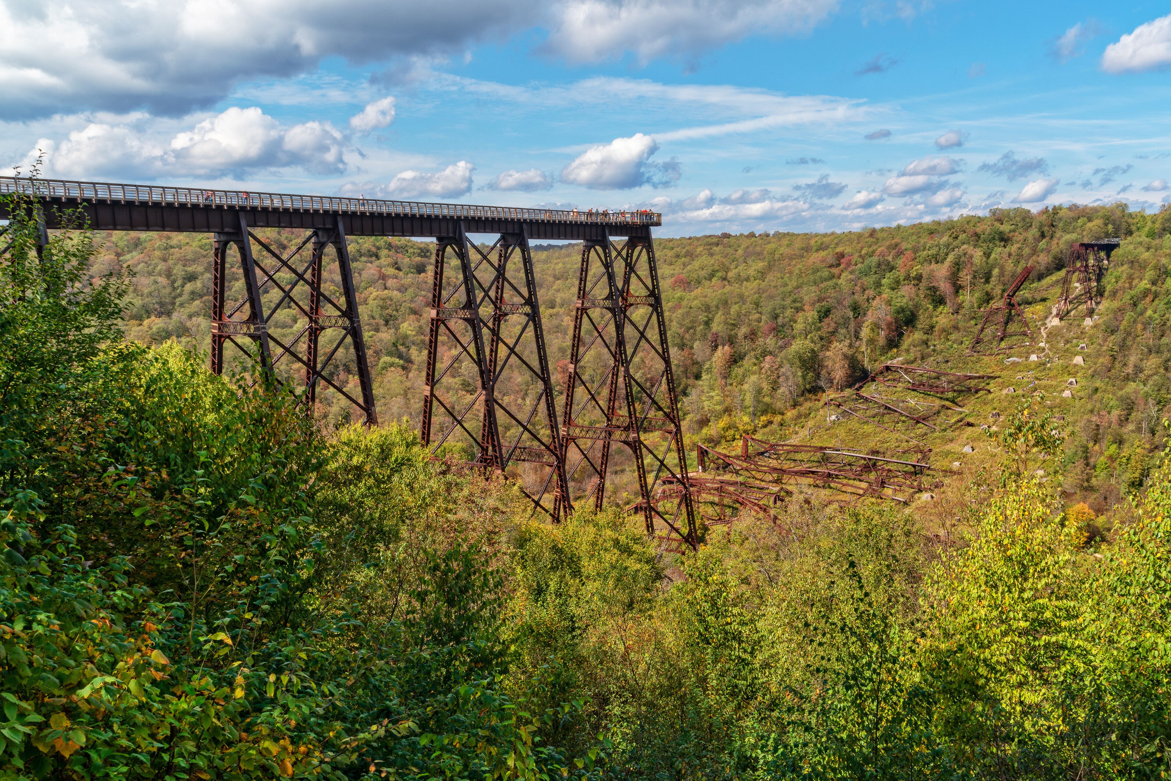 A large metal bridge spanning a valley with dense forest and hills in the background.