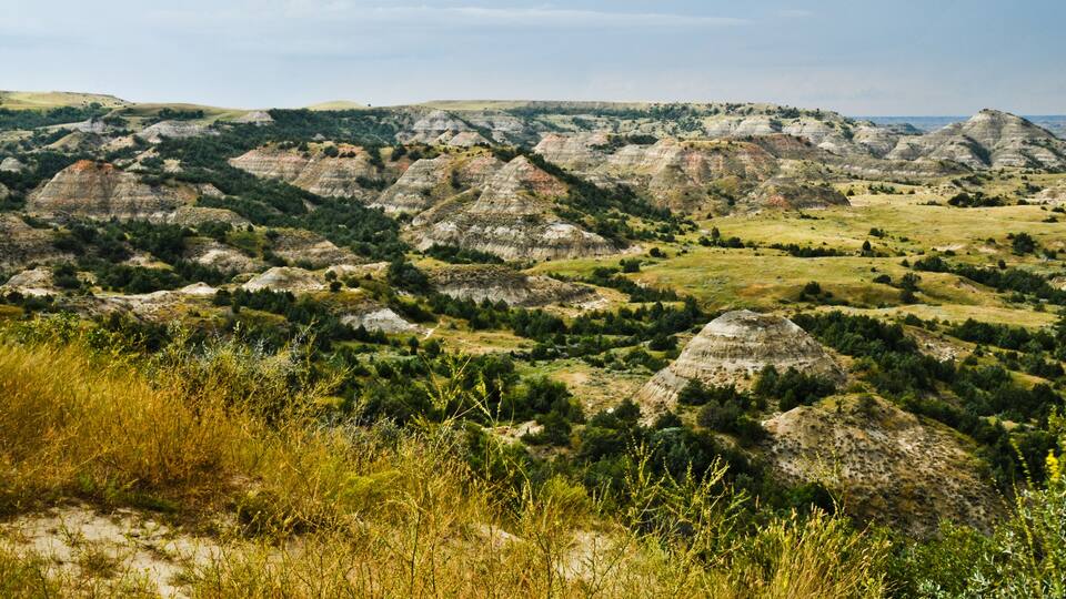 A landscape with rolling hills and a valley.