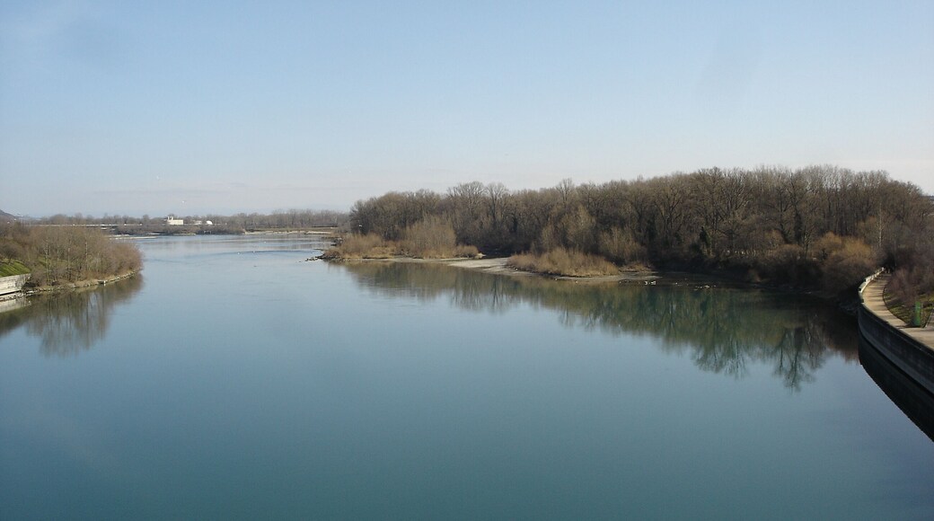 Vue sur le Rhône et la parc de la Feyssine depuis le pont Raymond Poincaré.