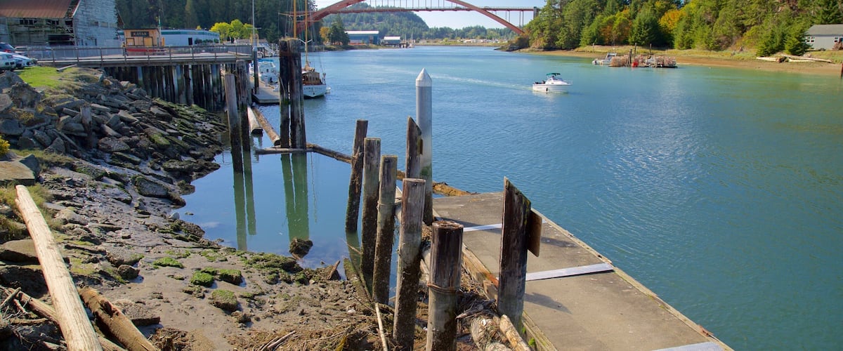 La Conner montrant scènes forestières, navigation et pont